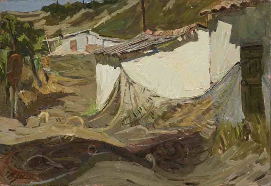  معسكر الصيد ، زيت على كرتون ، 34.5  × 50 سم ، 1987   
