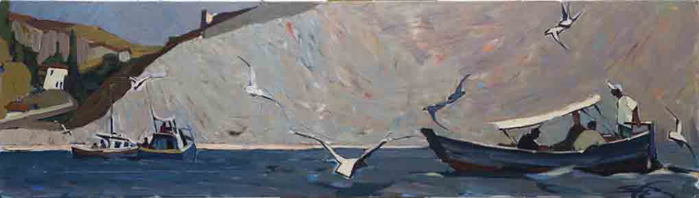  على طول الضفاف شديدة الانحدار، زيت على قماش  40 × 140، 2007 